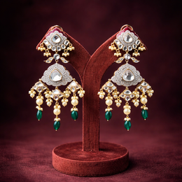 925 Silver Polki Look Chandelier Earrings with Pearls