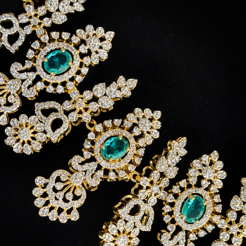 Emerald Diamond Look Bridal Haram Necklace in 925 Silver