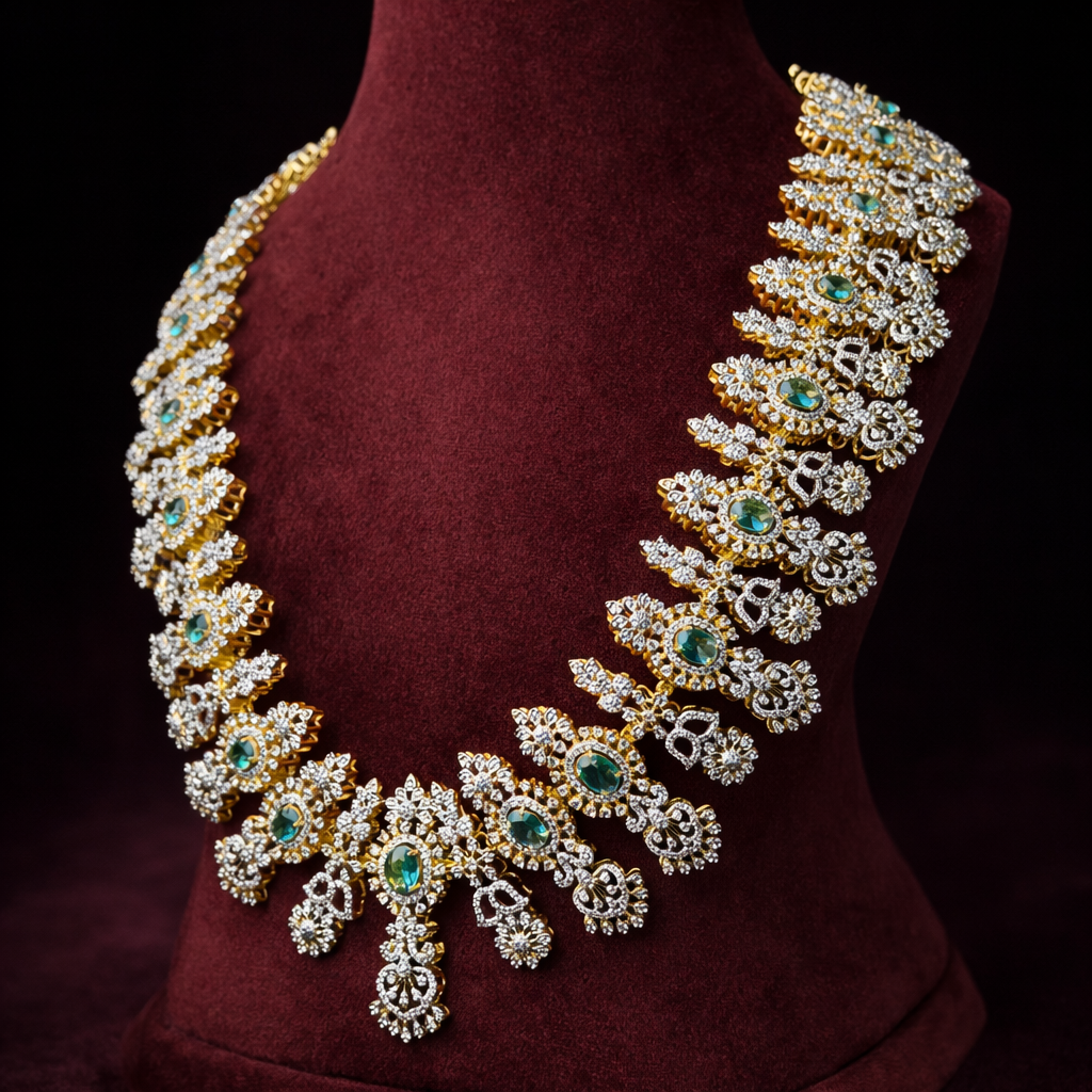 Emerald Diamond Look Bridal Haram Necklace in 925 Silver