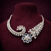 Blue Sapphire Floral Diamond Look Statement Necklace in 925 Silver