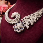 Blue Sapphire Floral Diamond Look Statement Necklace in 925 Silver