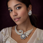 Blue Sapphire Floral Diamond Look Statement Necklace in 925 Silver