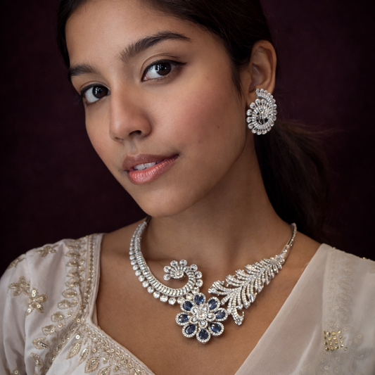 Blue Sapphire Floral Diamond Look Statement Necklace in 925 Silver