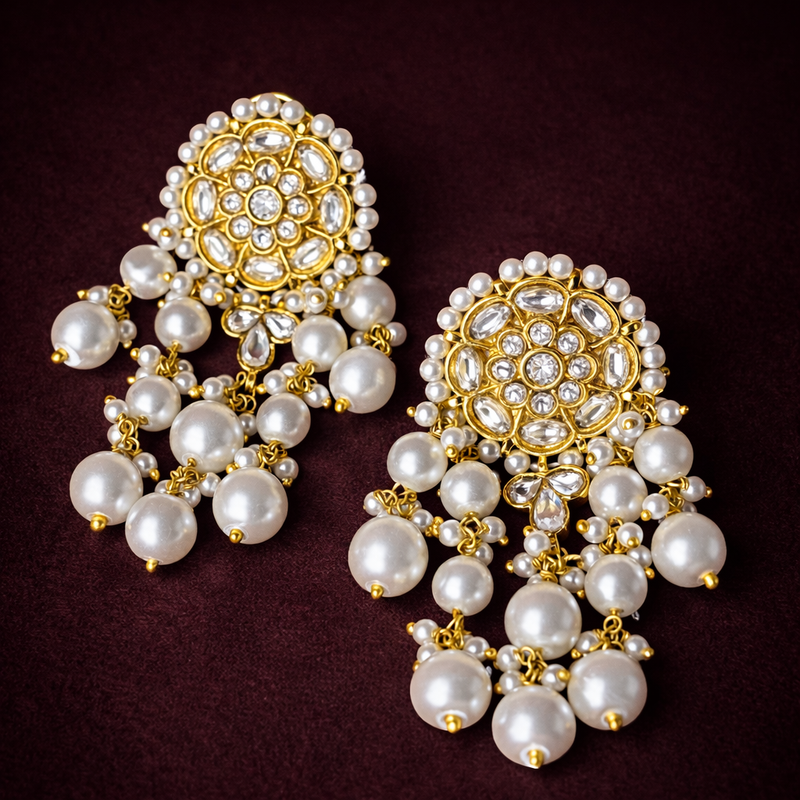 Gold Polki Diamond Look Pearl Drop Chandelier Earrings in 925 Silver