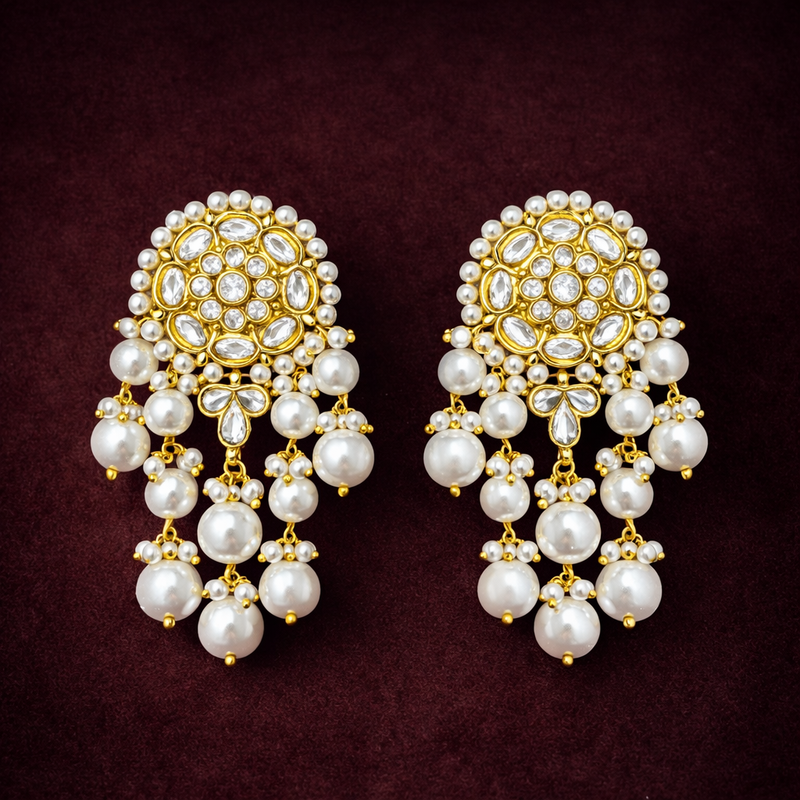 Gold Polki Diamond Look Pearl Drop Chandelier Earrings in 925 Silver