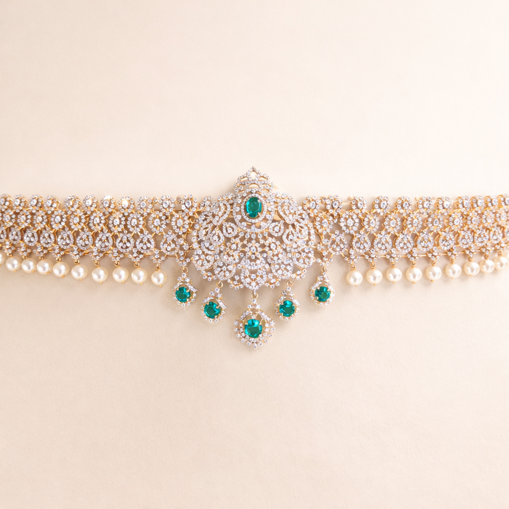 Diamond Look Hip Belt Emerald Pearl South Indian Bridal Vaddanam