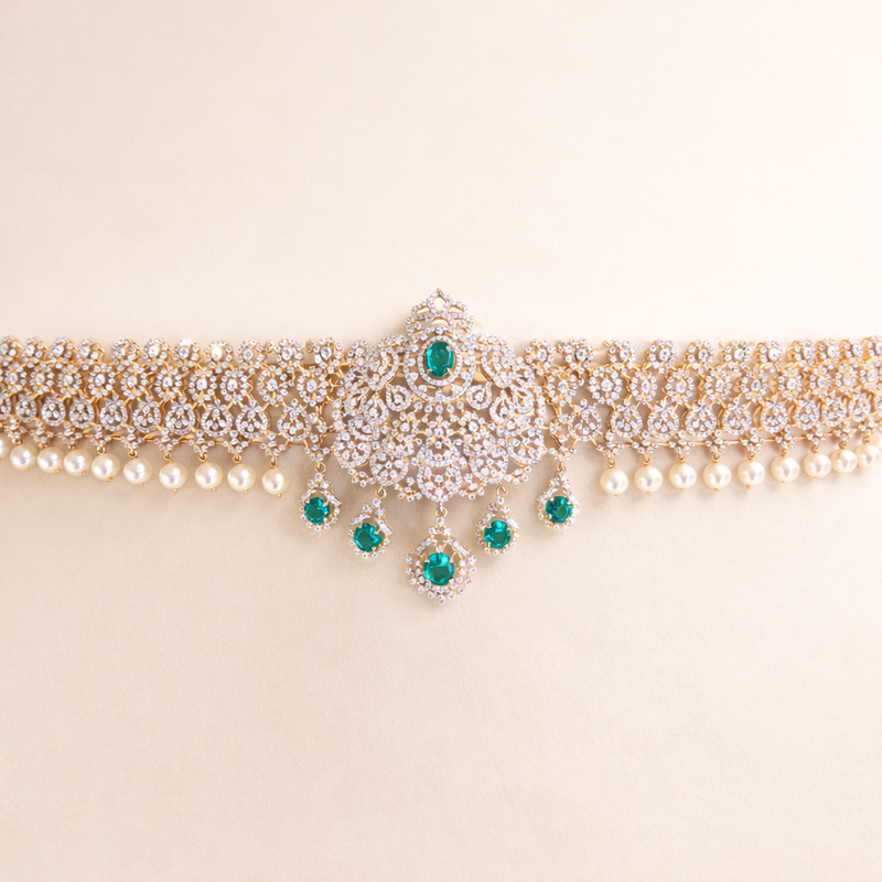 Diamond Look Hip Belt Emerald Pearl South Indian Bridal Vaddanam