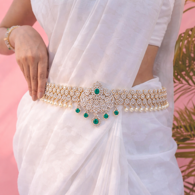 Diamond Look Hip Belt Emerald Pearl South Indian Bridal Vaddanam