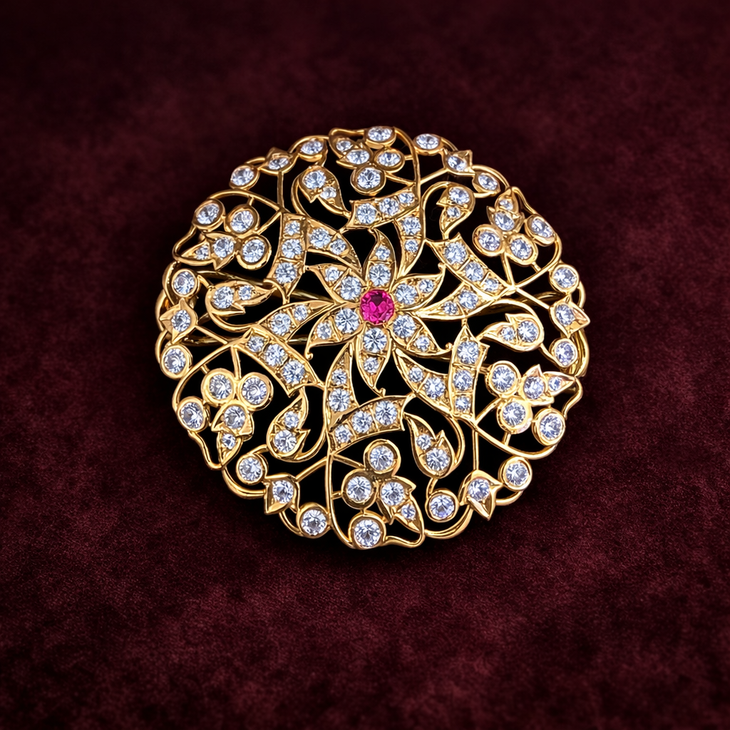 Ruby Diamond Look Floral Hair Clip in 925 Silver with Gold Polish