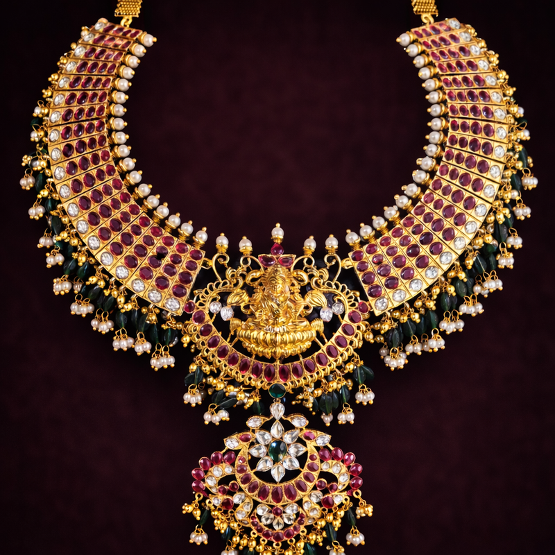 Temple Lakshmi Ruby Emerald Bridal Choker Necklace in 925 Silver