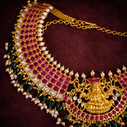 Temple Lakshmi Ruby Emerald Bridal Choker Necklace in 925 Silver