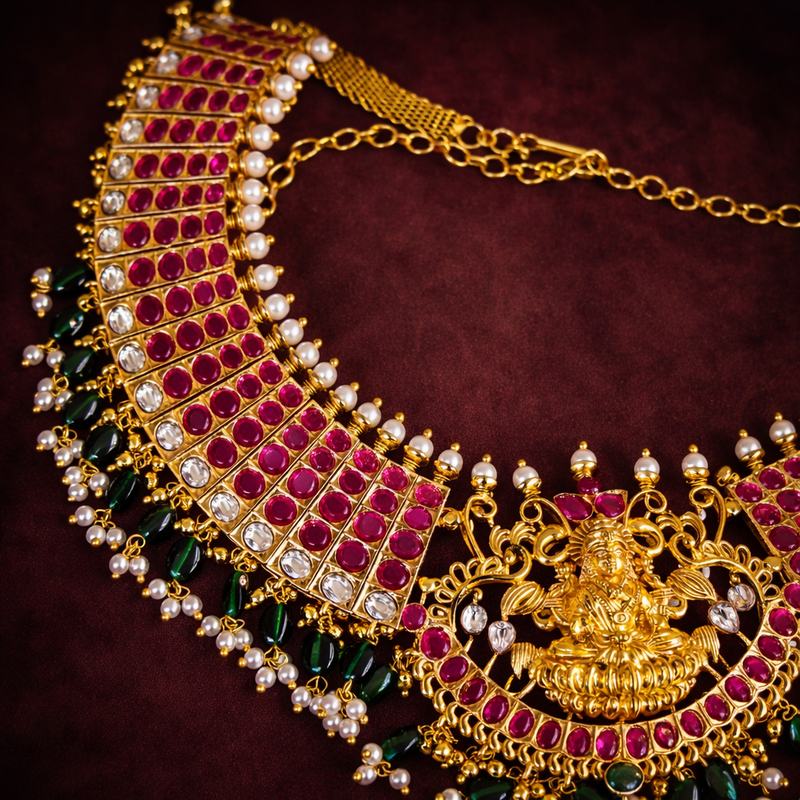 Temple Lakshmi Ruby Emerald Bridal Choker Necklace in 925 Silver