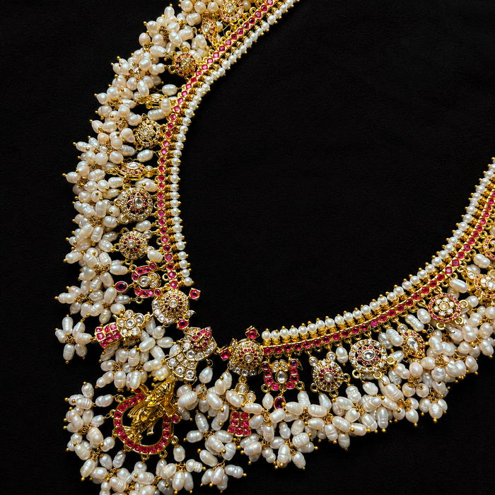 Traditional Krishna Idol Guttapusalu Necklace with Pearls
