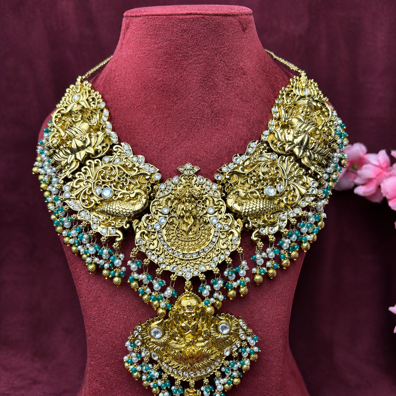 South Indian Temple Lakshmi Peacock Bridal Necklace in Pure Silver