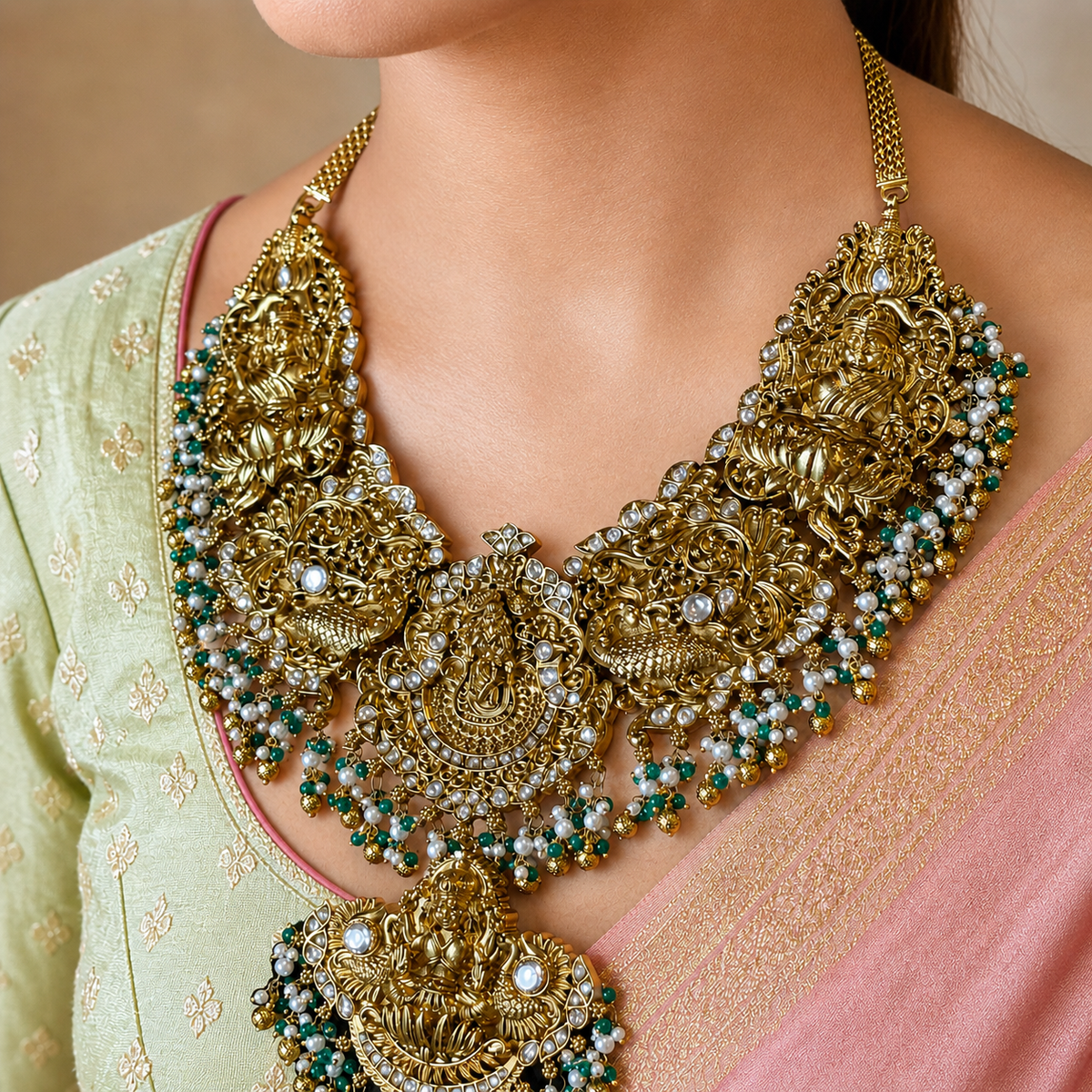 South Indian Temple Lakshmi Peacock Bridal Necklace in Pure Silver