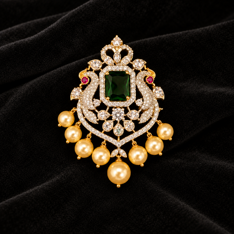 Emerald Peacock Mangtikka with Pearl Drops & Diamond-Style Stones