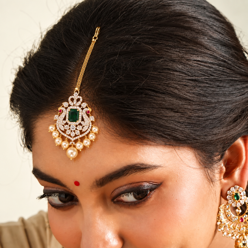 Emerald Peacock Mangtikka with Pearl Drops & Diamond-Style Stones