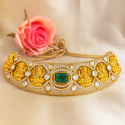 Temple Choker Necklace with Lakshmi Motifs and Green Emerald Center Stone