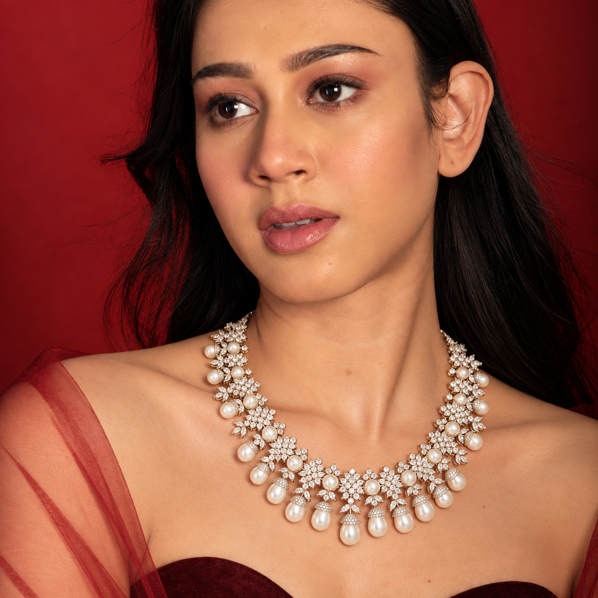Pearl Drop Floral CZ Necklace in 92.5 Silver with White Stones