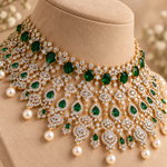 Emerald Diamond Look Pearl Choker Necklace in Gold Polish for Weddings