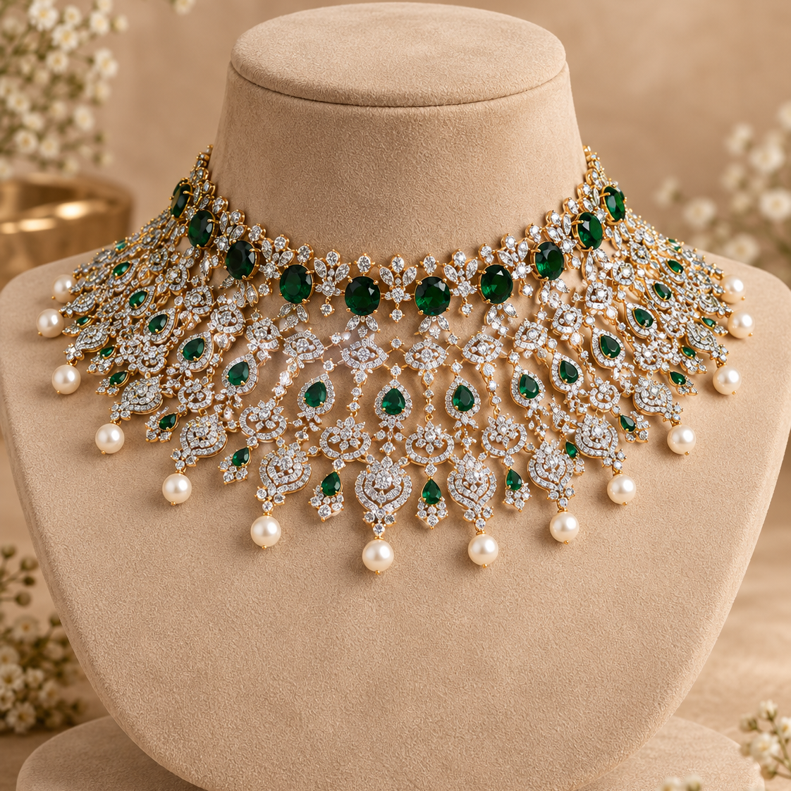 Emerald Diamond Look Pearl Choker Necklace in Gold Polish for Weddings