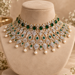 Emerald Diamond Look Pearl Choker Necklace in Gold Polish for Weddings