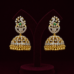 Gold-Plated CZ Diamond Jhumka Earrings with Emerald Accent – Traditional Bridal Jewelry