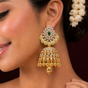 Heritage Kasu Jhumkas with Emerald CZ and Grand Bell Drops
