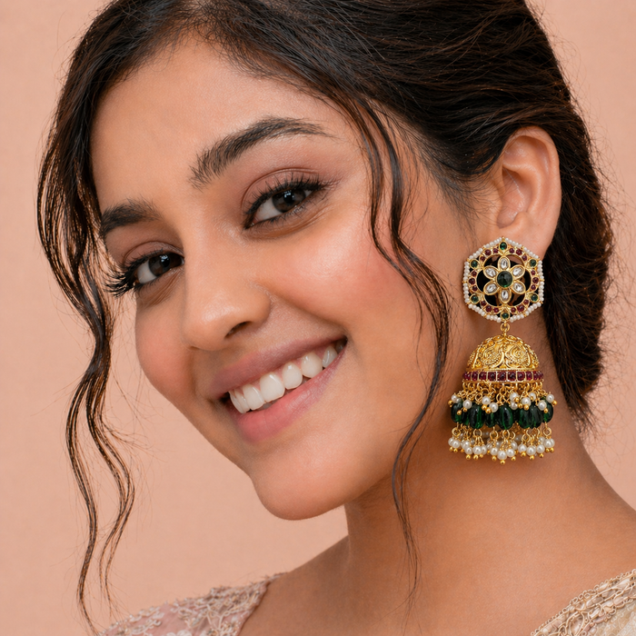 Grand Polki Kundan Ruby Emerald Pearl Jhumka Earrings in 92.5 Silver with Gold Polish
