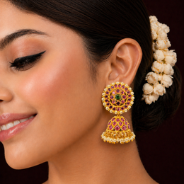 Antique & Kemp Stone Bridal 18k Gold Polish Jhumka Earrings
