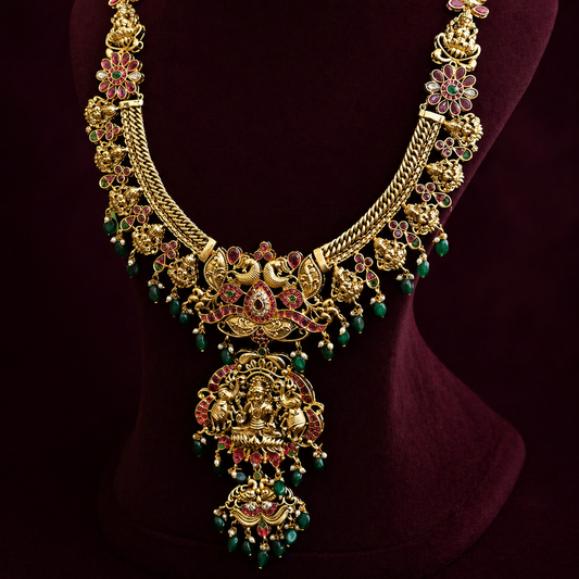 Pure Silver Gold Plated Bridal Haram with Temple Pendant and Green Drops
