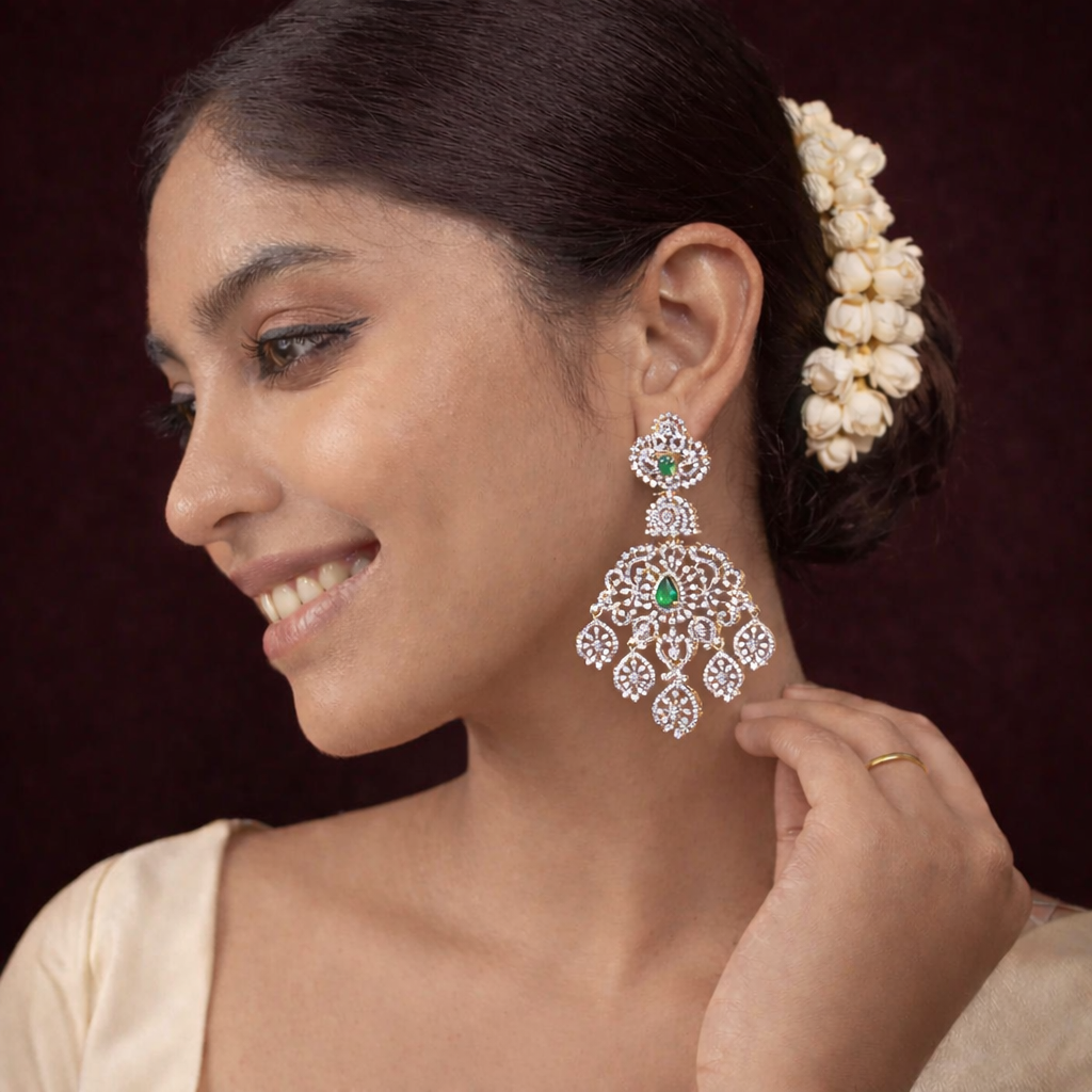 Regal Emerald Brilliance- Exquisite Diamond Look Bridal Earrings