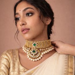 Pure Silver Gold Plated Emerald Polki Temple Choker Necklace
