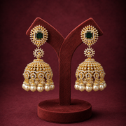 Grand Emerald Square Top Jhumka Earrings with Pearl Drops