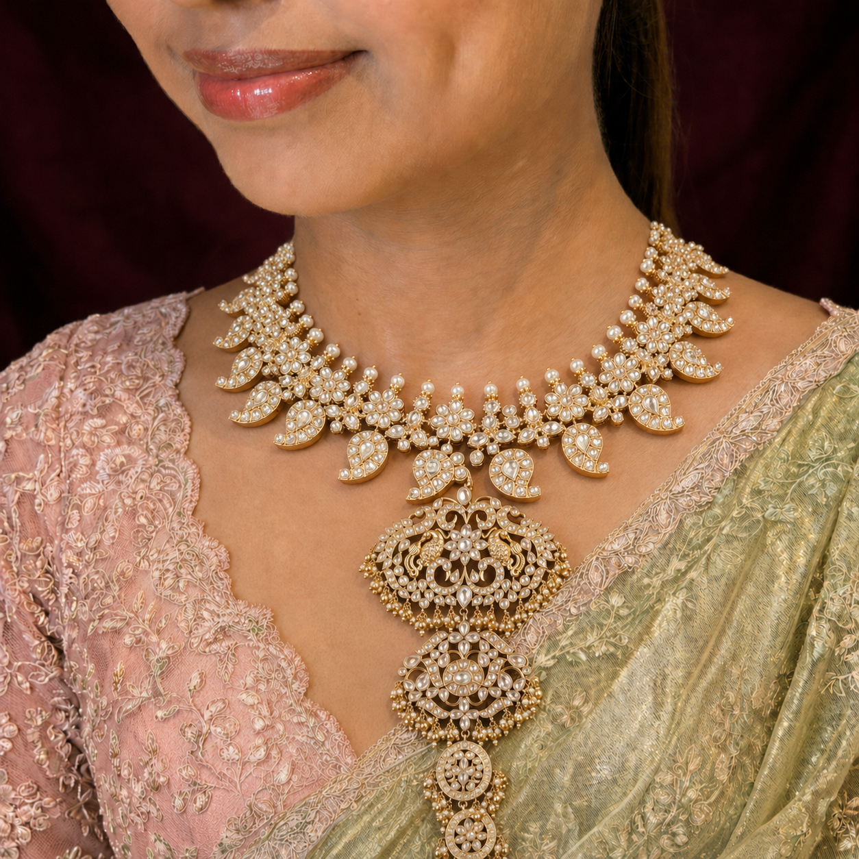 A close-up of a woman wearing an ornate gold and pearl necklace with a large central pendant, paired with a light pink embroidered blouse and a sage green sari against a dark maroon background.