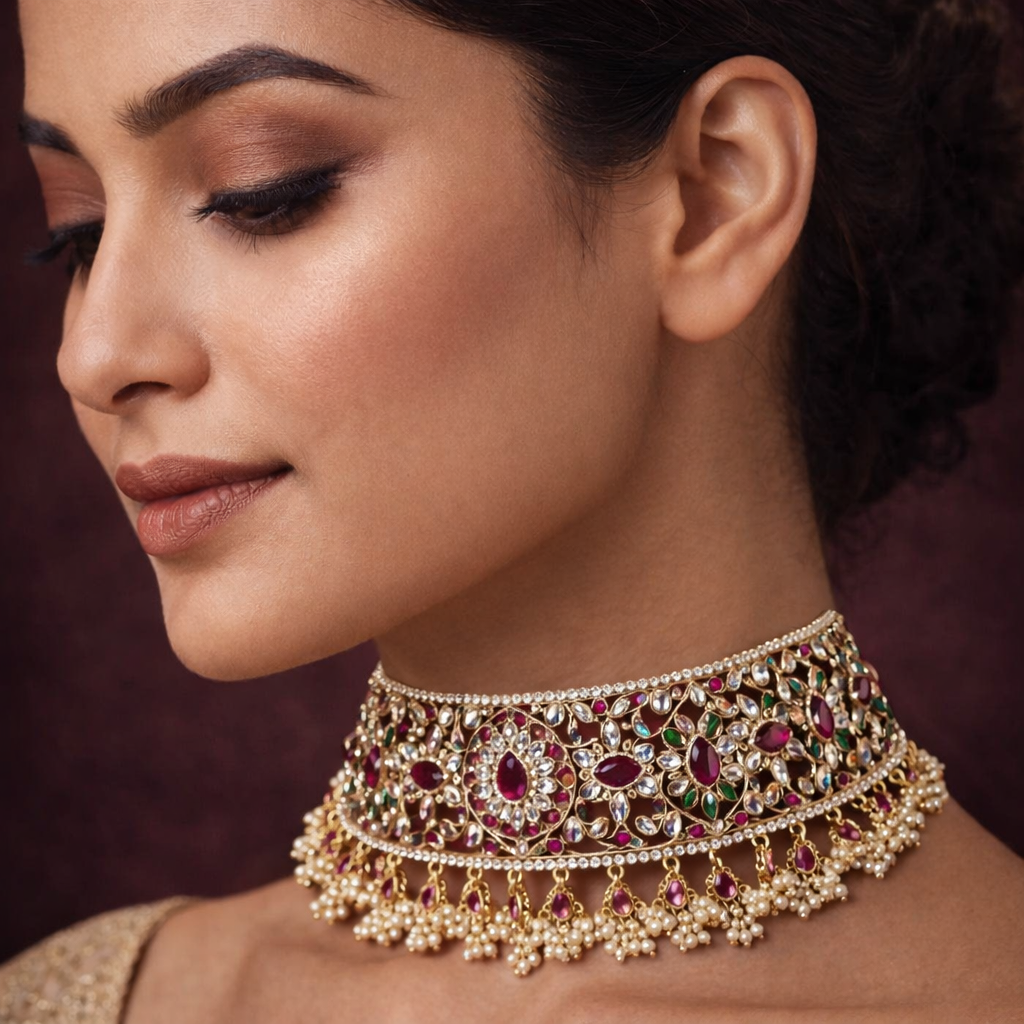 Traditional Ruby Emerald Polki Pearl Choker in 925 Silver Gold Polish