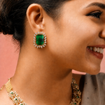 Ready to Ship - Emerald-Cut Green Stone Stud Earrings with Diamond-Style Halo