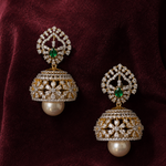 Ready to Ship - Emerald and Diamond-Style Floral Jhumka Earrings with Pearl Drops