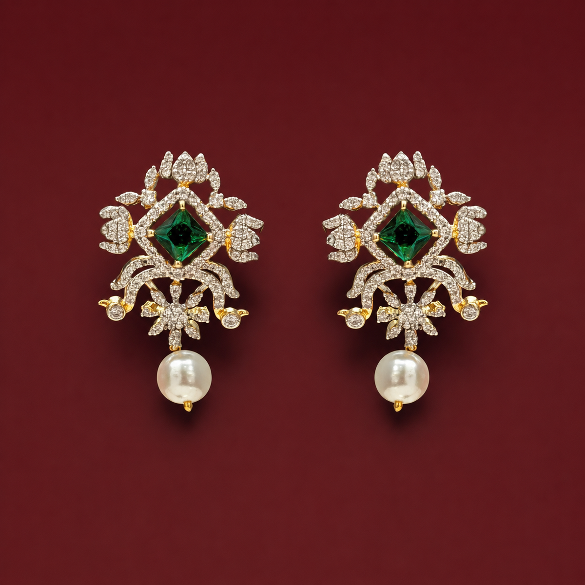 Delicate Pearl Drop Emerald Stud Earrings with 18K Gold Polish