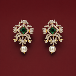 Delicate Pearl Drop Emerald Stud Earrings with 18K Gold Polish
