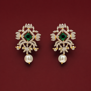 Delicate Pearl Drop Emerald Stud Earrings with 18K Gold Polish