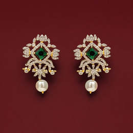 Delicate Pearl Drop Emerald Stud Earrings with 18K Gold Polish