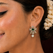 Delicate Pearl Drop Emerald Stud Earrings with 18K Gold Polish