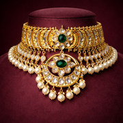 Pure Silver Gold Plated Emerald Polki Temple Choker Necklace