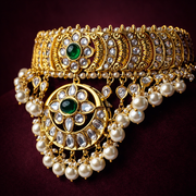 Pure Silver Gold Plated Emerald Polki Temple Choker Necklace