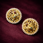 Traditional Pure Silver Gold Polish Peacock Motif Ear Stud Earrings with Diamond CZ
