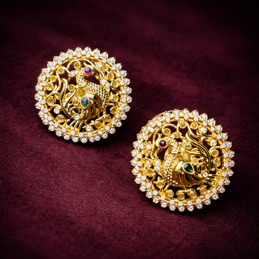 Traditional Pure Silver Gold Polish Peacock Motif Ear Stud Earrings with Diamond CZ
