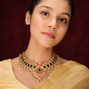 Grand Ruby Emerald Polki Necklace with Pearl Drops in Gold Finish