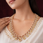 Grand CZ Diamond Polki Peacock Necklace in Gold Finish – Bridal South Indian Long Haram