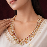 Grand CZ Diamond Polki Peacock Necklace in Gold Finish – Bridal South Indian Long Haram